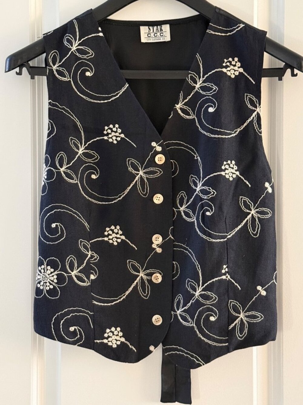 Star C.C.C. Womens Embroidered Black Vest With Button Front Floral Design Tie Ba